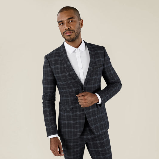 Black # Men's slim fit 1-button plaid suit blazer, single-breasted notch lapel sport coat with tweed checkered pattern, black tartan jacket for wedding, prom, business, party and daily wear, isolated on white background.