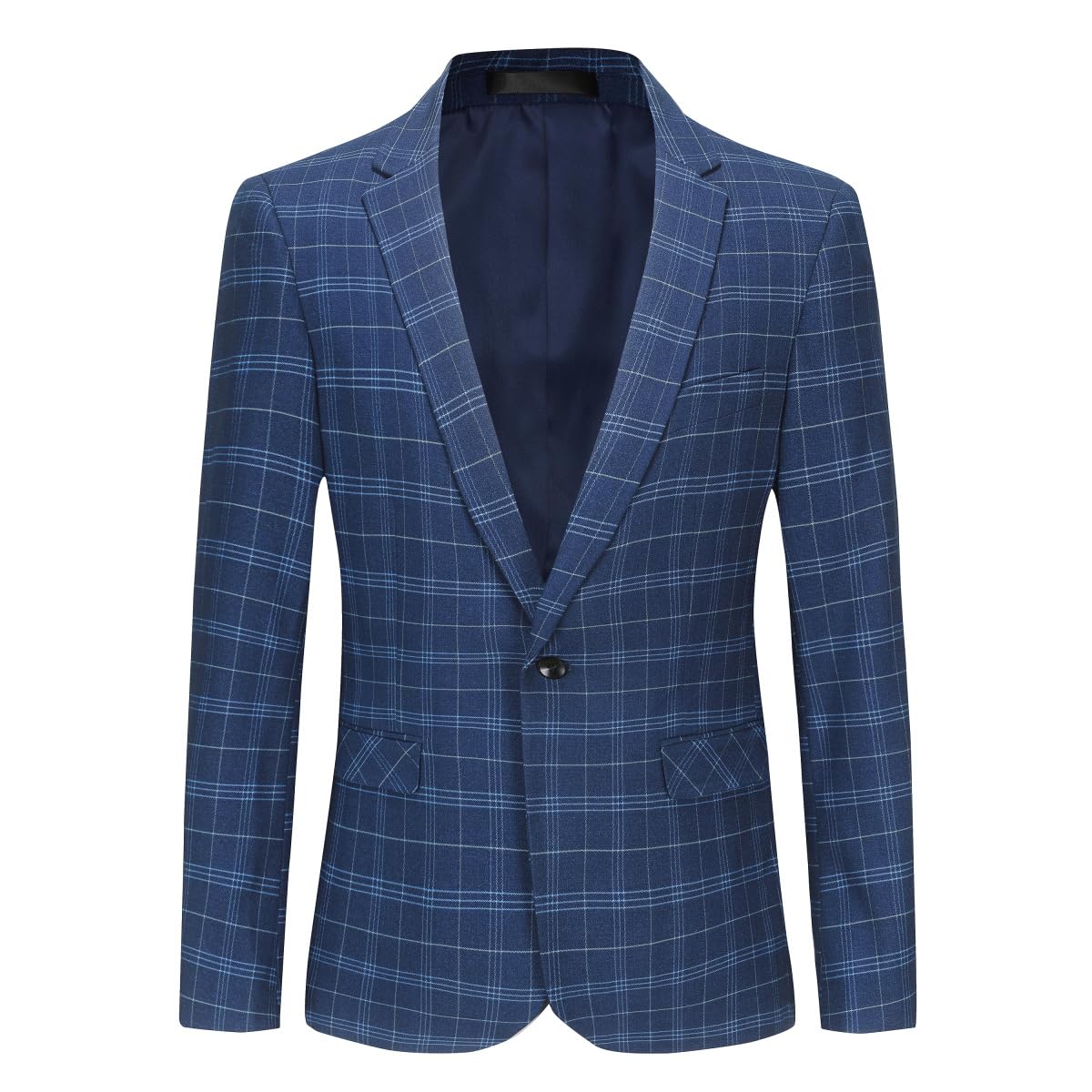 Navy # Men's slim fit plaid suit blazer, 1-button notch lapel single-breasted sport coat jacket with full lining, tailored navy checkered tweed blazer for wedding, prom, business, party and daily wear, isolated on white background.