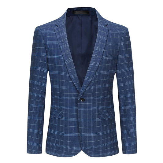Navy # Men's slim fit plaid suit blazer, 1-button notch lapel single-breasted sport coat jacket with full lining, tailored navy checkered tweed blazer for wedding, prom, business, party and daily wear, isolated on white background.