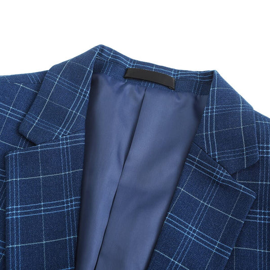 Navy # Men's slim fit plaid suit blazer, 1-button notch lapel single-breasted sport coat jacket with full lining, tailored navy checkered tweed blazer for wedding, prom, business, party and daily wear, isolated on white background.