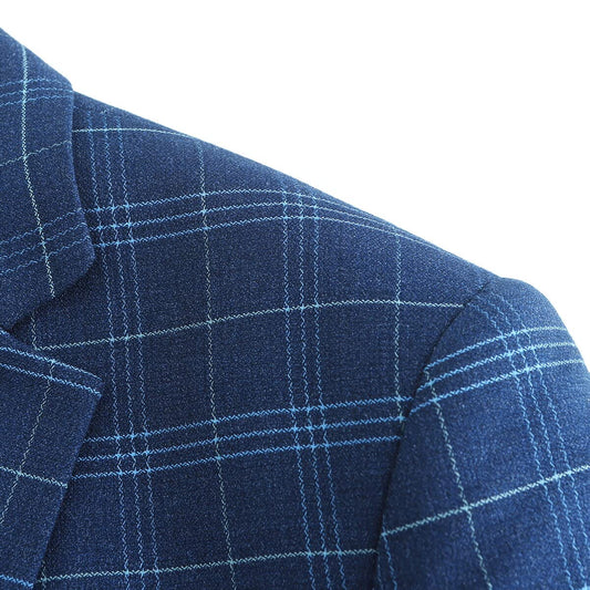 Navy # Men's slim fit plaid suit blazer, 1-button notch lapel single-breasted sport coat jacket with full lining, tailored navy checkered tweed blazer for wedding, prom, business, party and daily wear, isolated on white background.