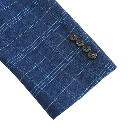 Navy # Men's slim fit plaid suit blazer, 1-button notch lapel single-breasted sport coat jacket with full lining, tailored navy checkered tweed blazer for wedding, prom, business, party and daily wear, isolated on white background.
