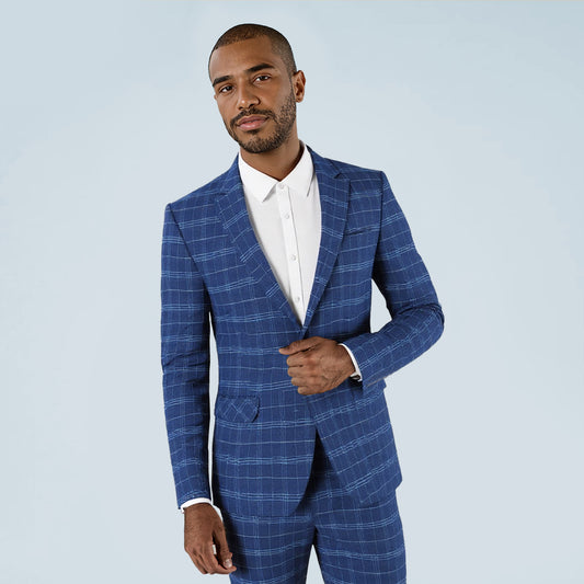 Navy # Men's slim fit plaid suit blazer, 1-button notch lapel single-breasted sport coat jacket with full lining, tailored navy checkered tweed blazer for wedding, prom, business, party and daily wear, isolated on white background.
