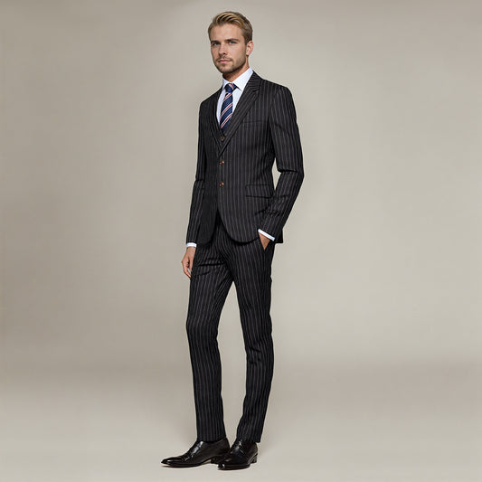 Black # Men's slim fit 3-piece stripe design suit with notched lapel and button closure, black formal blazer jacket with matching vest and flat-front trousers, breathable polyester viscose blend suit for business, office, wedding and daily wear, isolated on white background.