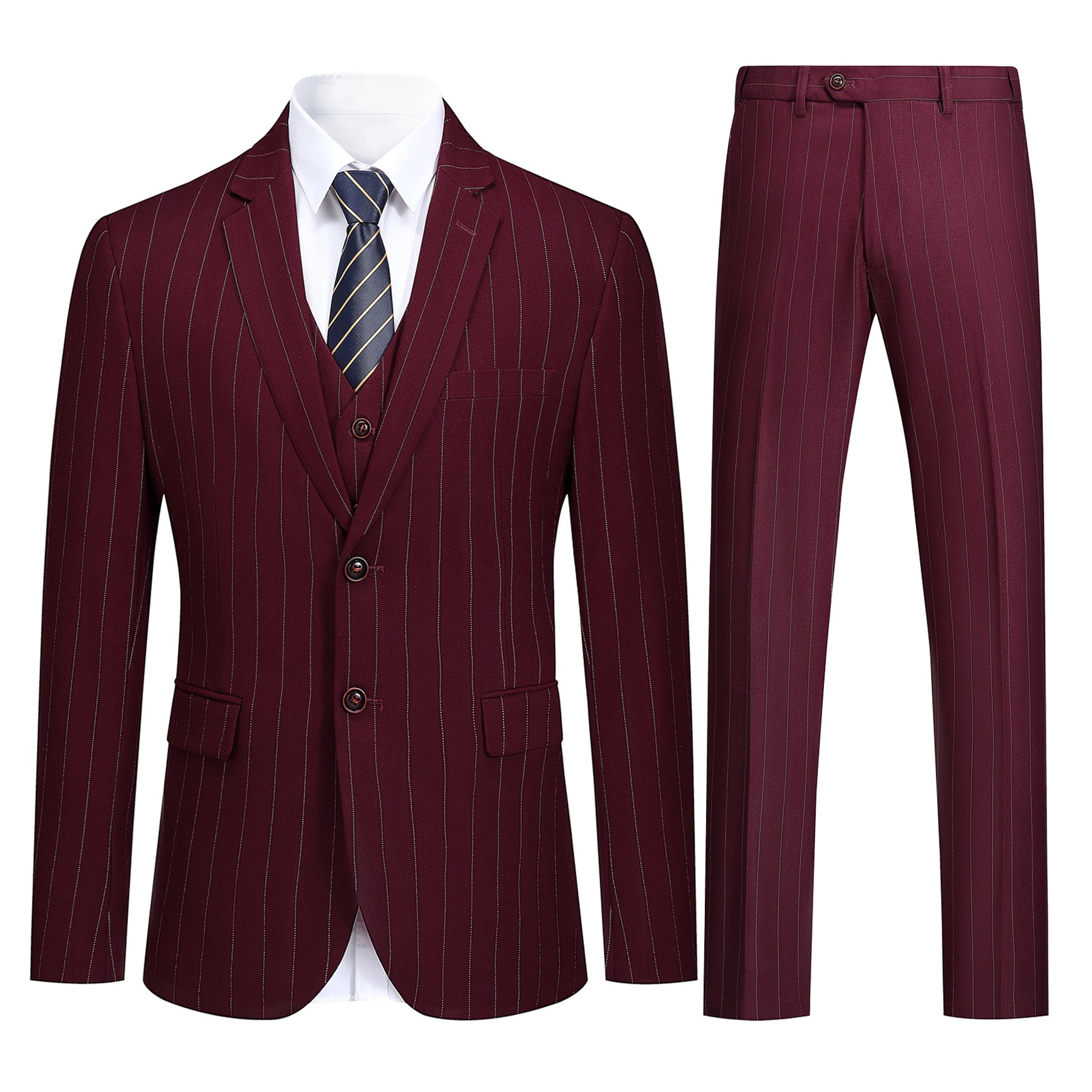 Guards Red # Men's slim fit 3-piece stripe suit with notched lapel and button closure, guards red striped formal blazer jacket with matching vest and flat-front trousers, breathable viscose polyester blend suit for business, office, wedding and daily wear, isolated on white background.