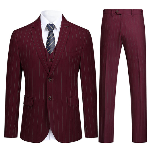 Guards Red # Men's slim fit 3-piece stripe suit with notched lapel and button closure, guards red striped formal blazer jacket with matching vest and flat-front trousers, breathable viscose polyester blend suit for business, office, wedding and daily wear, isolated on white background.