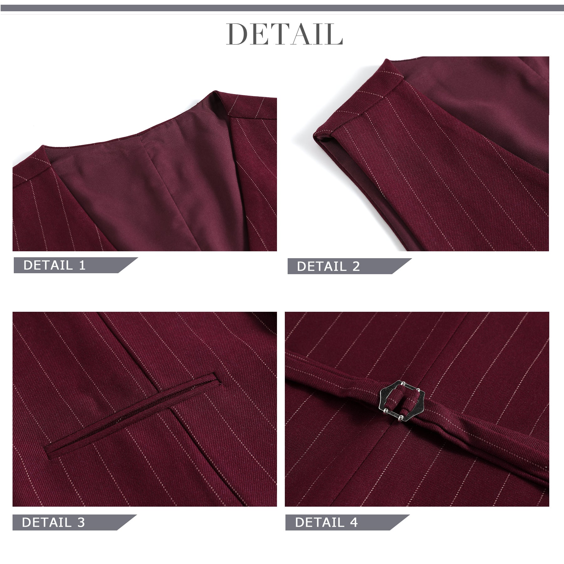 Guards Red # Men's slim fit 3-piece stripe suit with notched lapel and button closure, guards red striped formal blazer jacket with matching vest and flat-front trousers, breathable viscose polyester blend suit for business, office, wedding and daily wear, isolated on white background.