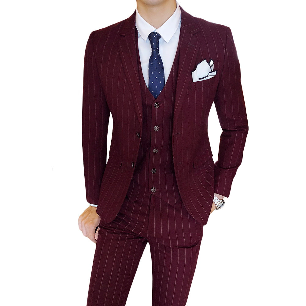Guards Red # Men's slim fit 3-piece stripe suit with notched lapel and button closure, guards red striped formal blazer jacket with matching vest and flat-front trousers, breathable viscose polyester blend suit for business, office, wedding and daily wear, isolated on white background.