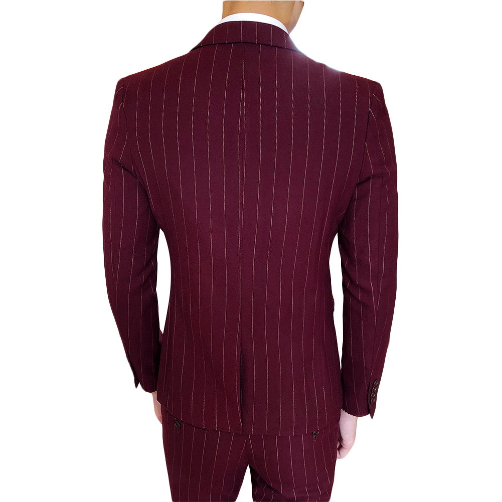 Guards Red # Men's slim fit 3-piece stripe suit with notched lapel and button closure, guards red striped formal blazer jacket with matching vest and flat-front trousers, breathable viscose polyester blend suit for business, office, wedding and daily wear, isolated on white background.
