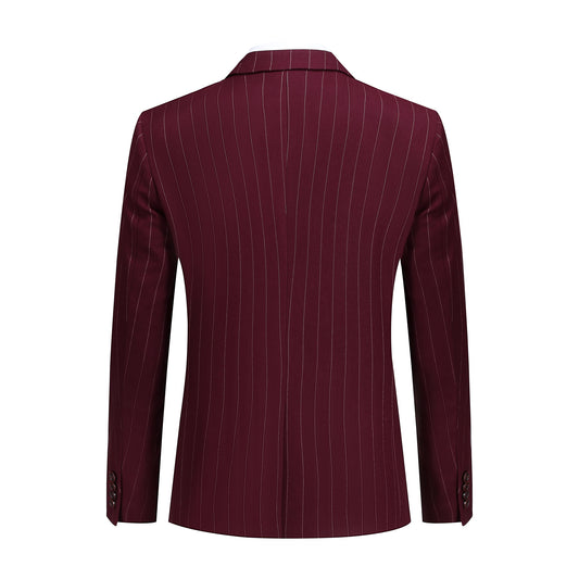 Guards Red # Men's slim fit 3-piece stripe suit with notched lapel and button closure, guards red striped formal blazer jacket with matching vest and flat-front trousers, breathable viscose polyester blend suit for business, office, wedding and daily wear, isolated on white background.