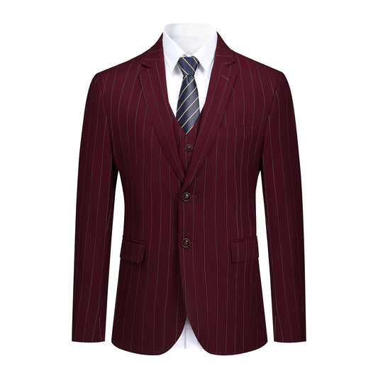 Guards Red # Men's slim fit 3-piece stripe suit with notched lapel and button closure, guards red striped formal blazer jacket with matching vest and flat-front trousers, breathable viscose polyester blend suit for business, office, wedding and daily wear, isolated on white background.