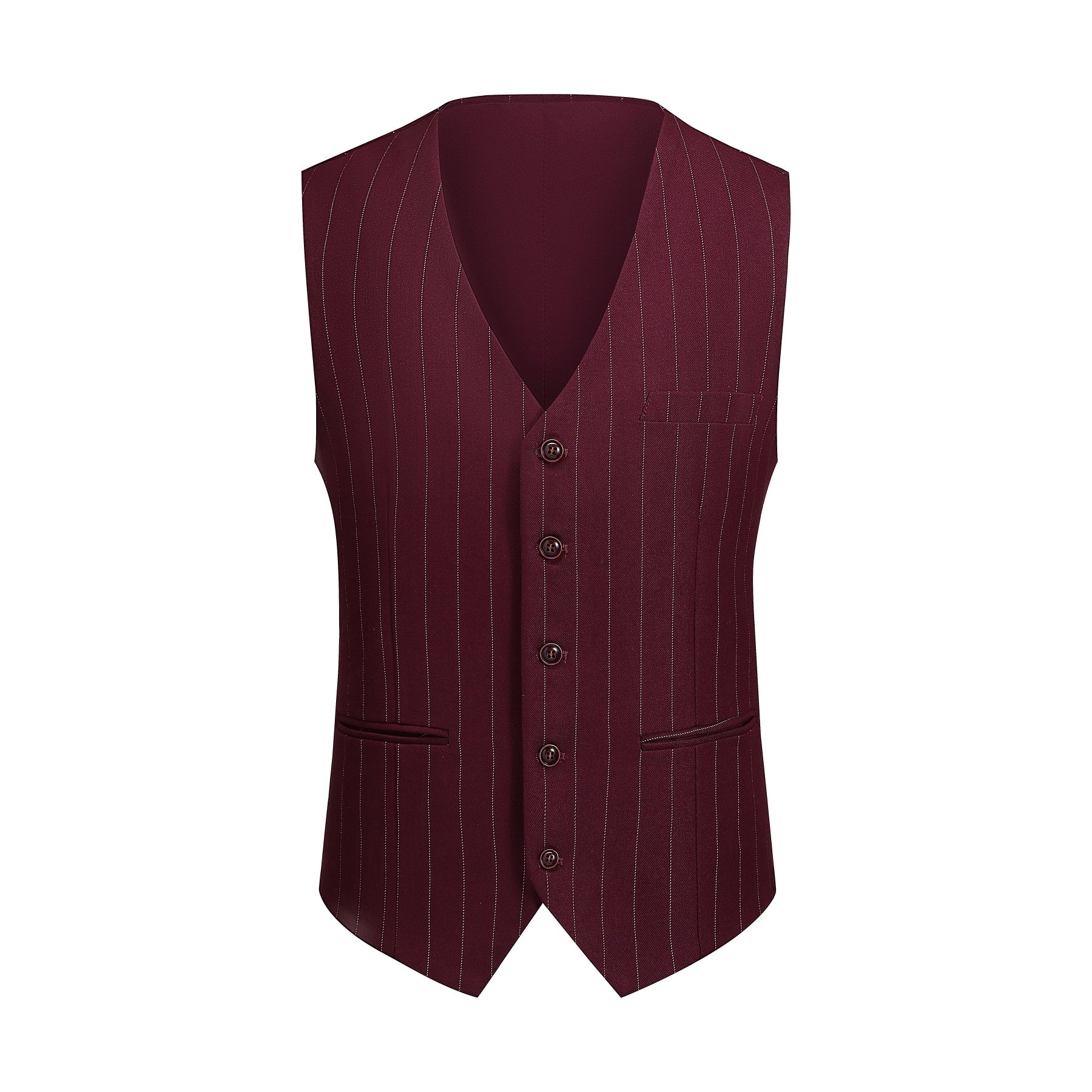 Guards Red # Men's slim fit 3-piece stripe suit with notched lapel and button closure, guards red striped formal blazer jacket with matching vest and flat-front trousers, breathable viscose polyester blend suit for business, office, wedding and daily wear, isolated on white background.