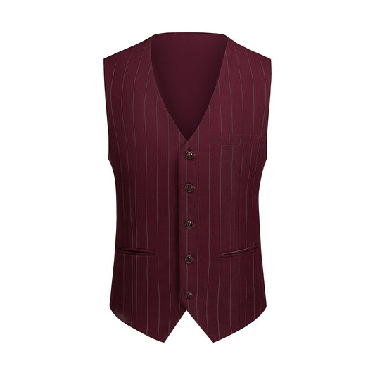Guards Red # Men's slim fit 3-piece stripe suit with notched lapel and button closure, guards red striped formal blazer jacket with matching vest and flat-front trousers, breathable viscose polyester blend suit for business, office, wedding and daily wear, isolated on white background.