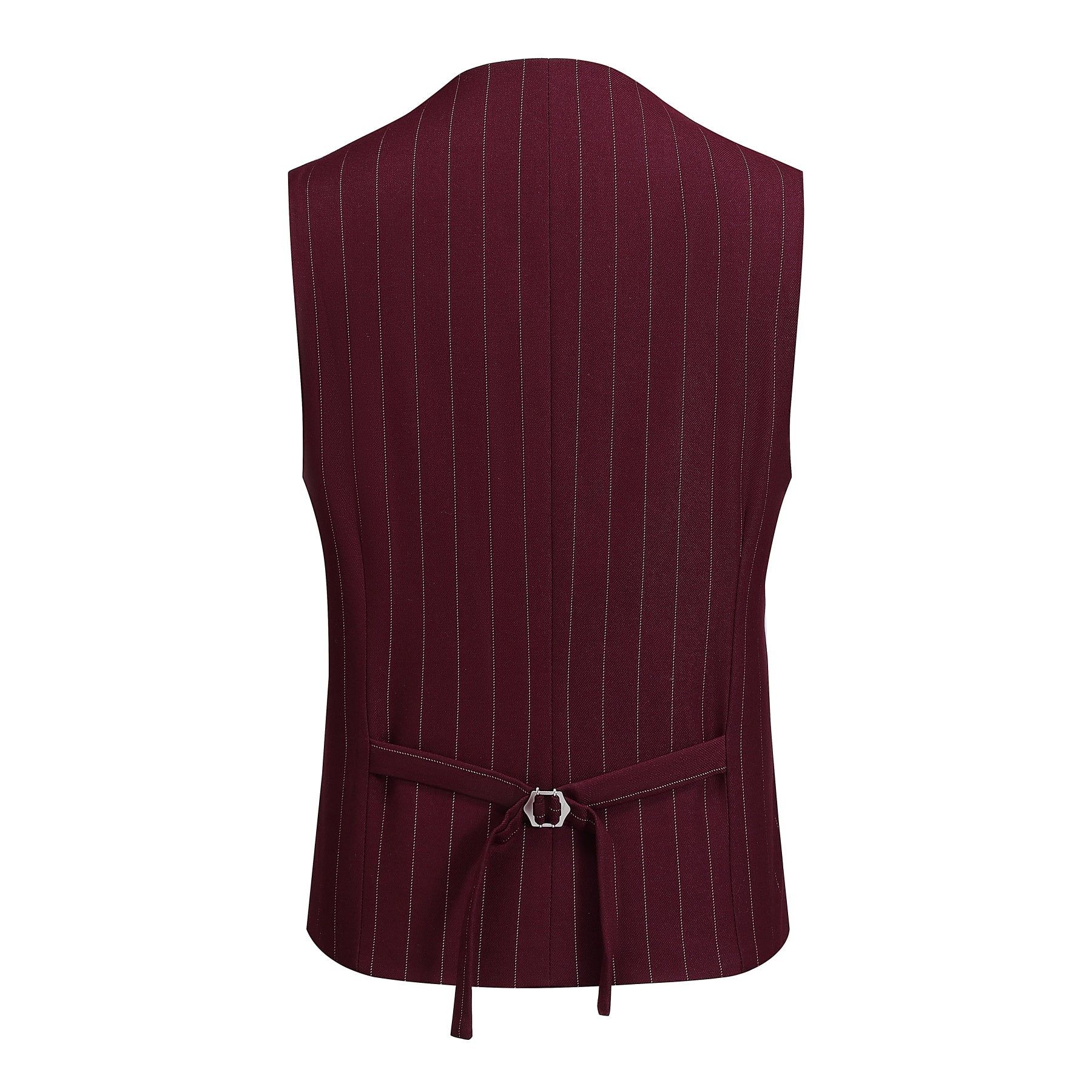 Guards Red # Men's slim fit 3-piece stripe suit with notched lapel and button closure, guards red striped formal blazer jacket with matching vest and flat-front trousers, breathable viscose polyester blend suit for business, office, wedding and daily wear, isolated on white background.