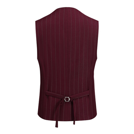 Guards Red # Men's slim fit 3-piece stripe suit with notched lapel and button closure, guards red striped formal blazer jacket with matching vest and flat-front trousers, breathable viscose polyester blend suit for business, office, wedding and daily wear, isolated on white background.