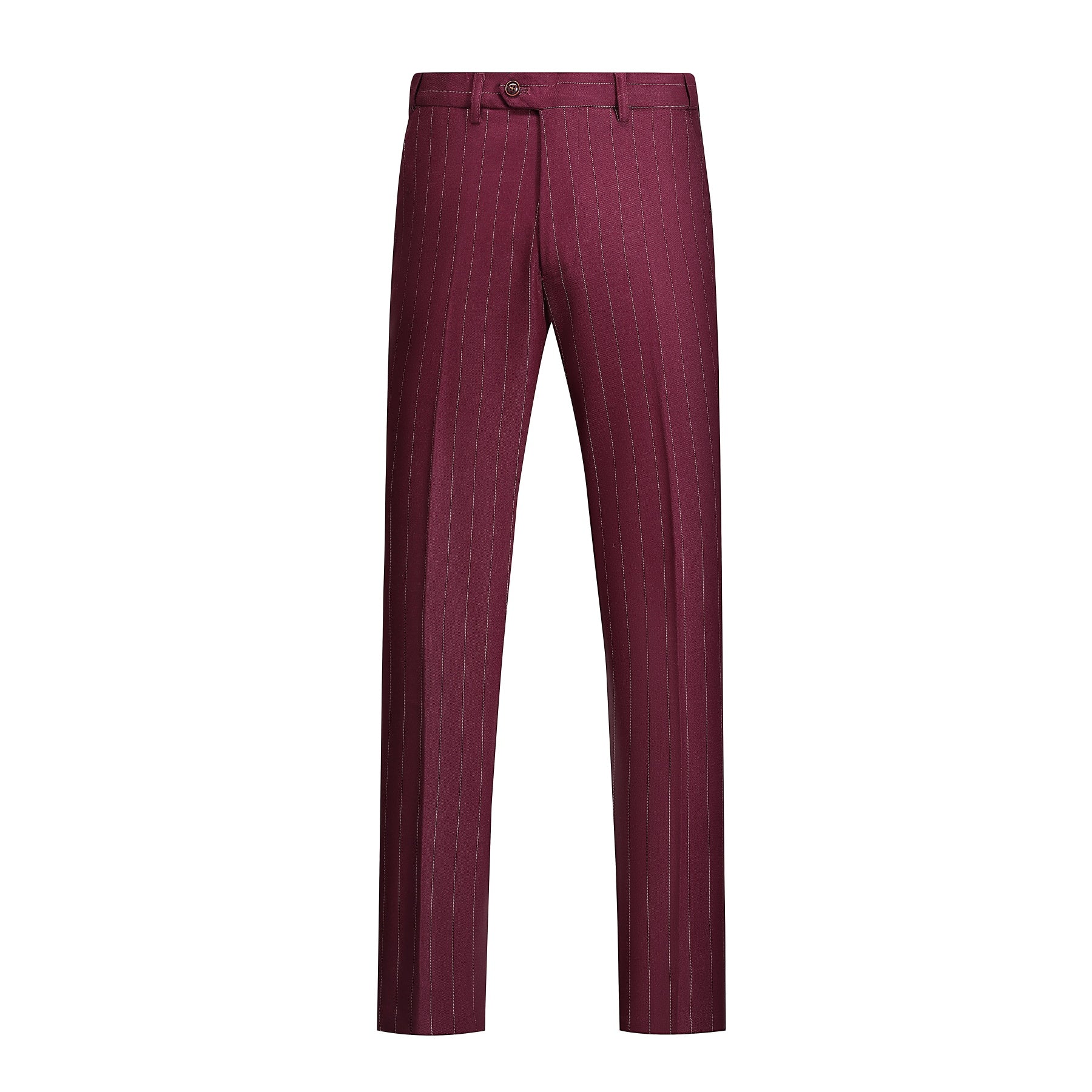 Guards Red # Men's slim fit 3-piece stripe suit with notched lapel and button closure, guards red striped formal blazer jacket with matching vest and flat-front trousers, breathable viscose polyester blend suit for business, office, wedding and daily wear, isolated on white background.
