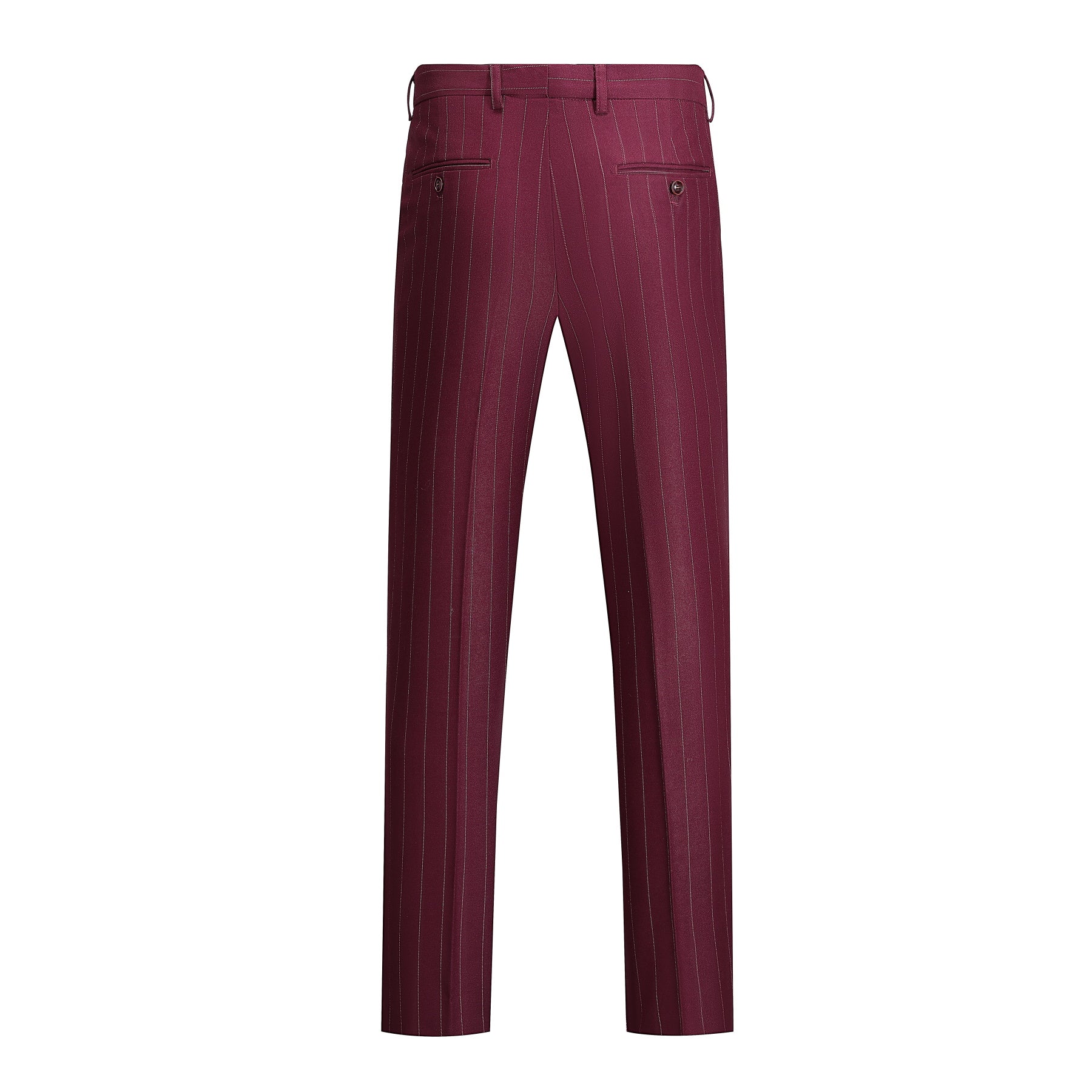 Guards Red # Men's slim fit 3-piece stripe suit with notched lapel and button closure, guards red striped formal blazer jacket with matching vest and flat-front trousers, breathable viscose polyester blend suit for business, office, wedding and daily wear, isolated on white background.