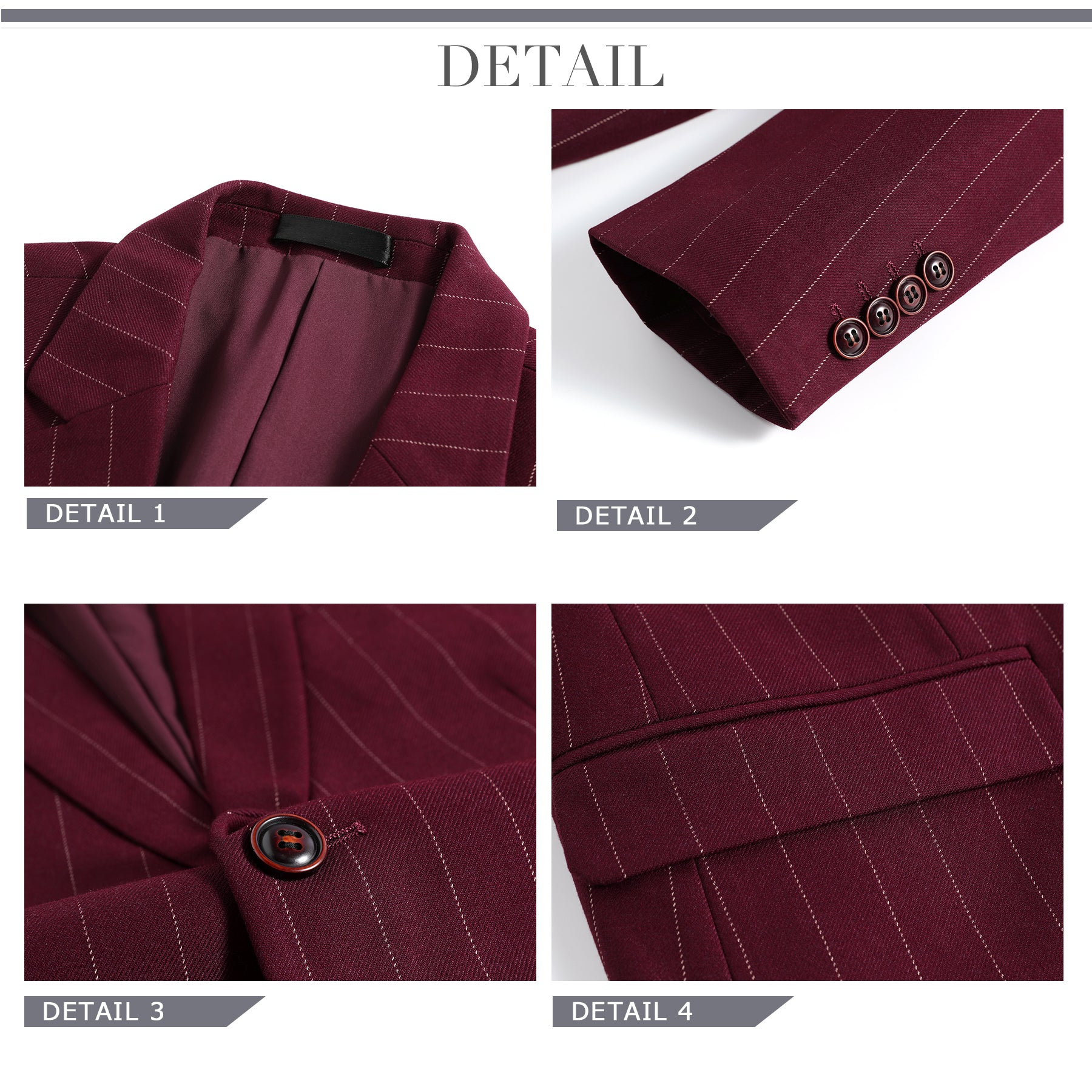 Guards Red # Men's slim fit 3-piece stripe suit with notched lapel and button closure, guards red striped formal blazer jacket with matching vest and flat-front trousers, breathable viscose polyester blend suit for business, office, wedding and daily wear, isolated on white background.