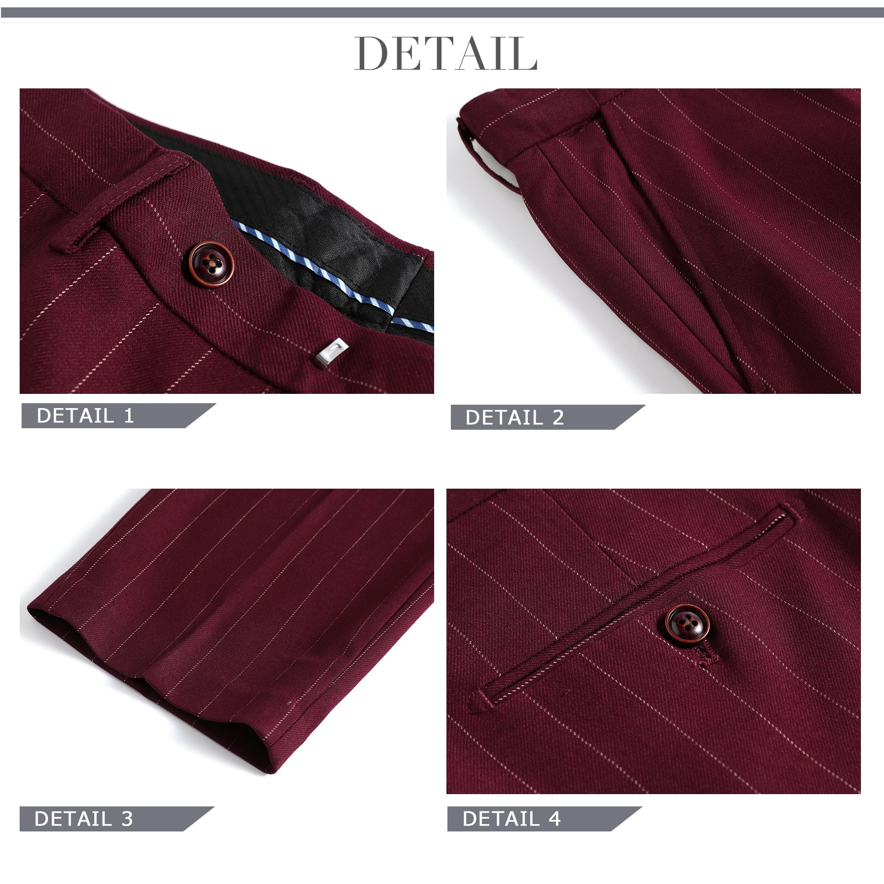 Guards Red # Men's slim fit 3-piece stripe suit with notched lapel and button closure, guards red striped formal blazer jacket with matching vest and flat-front trousers, breathable viscose polyester blend suit for business, office, wedding and daily wear, isolated on white background.