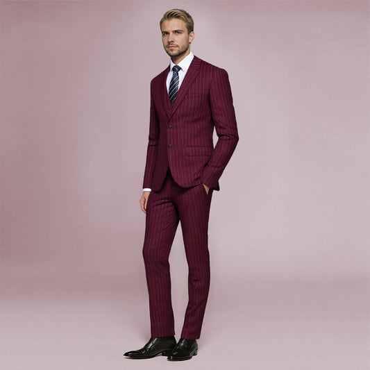 Guards Red # Men's slim fit 3-piece stripe suit with notched lapel and button closure, guards red striped formal blazer jacket with matching vest and flat-front trousers, breathable viscose polyester blend suit for business, office, wedding and daily wear, isolated on white background.