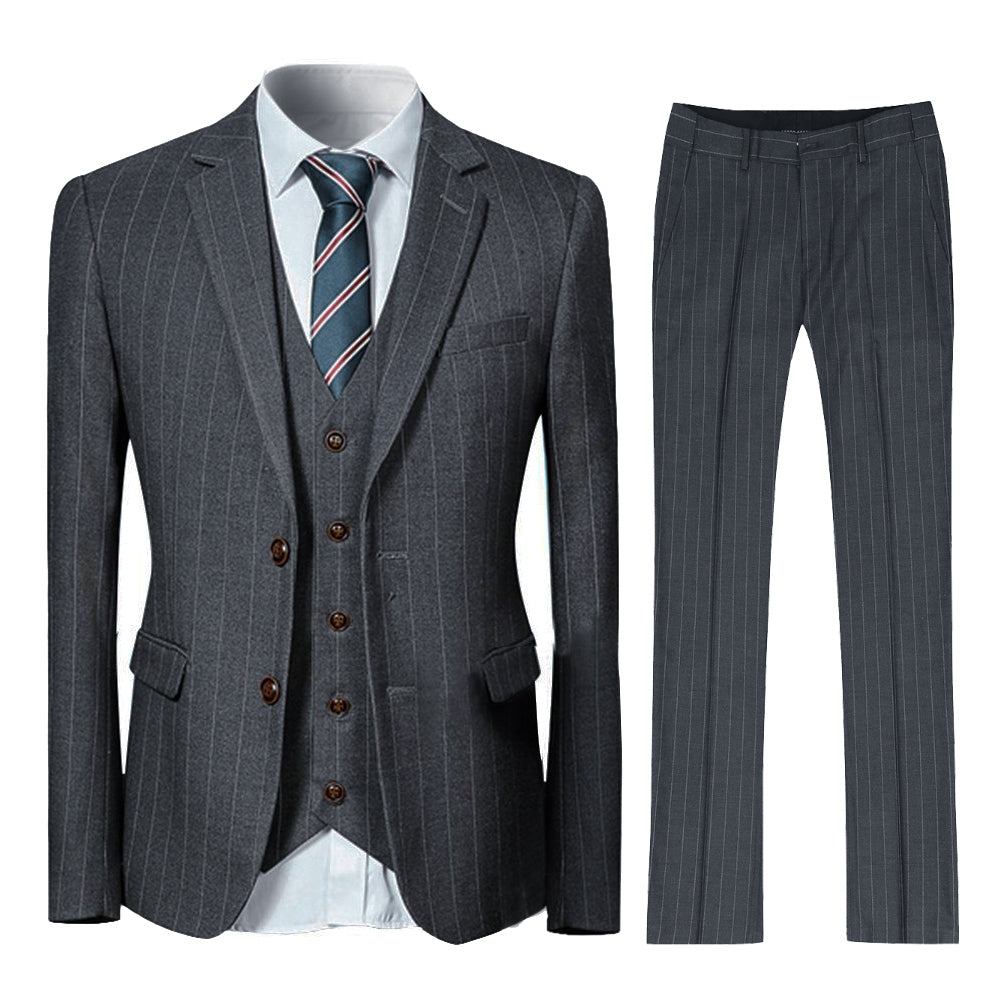 Titanium Silver # Men's slim fit 3-piece stripe suit with notched lapel and button closure, titanium silver striped formal blazer jacket with matching vest and flat-front trousers, breathable polyester viscose blend suit for business, office, wedding and daily wear, isolated on white background.