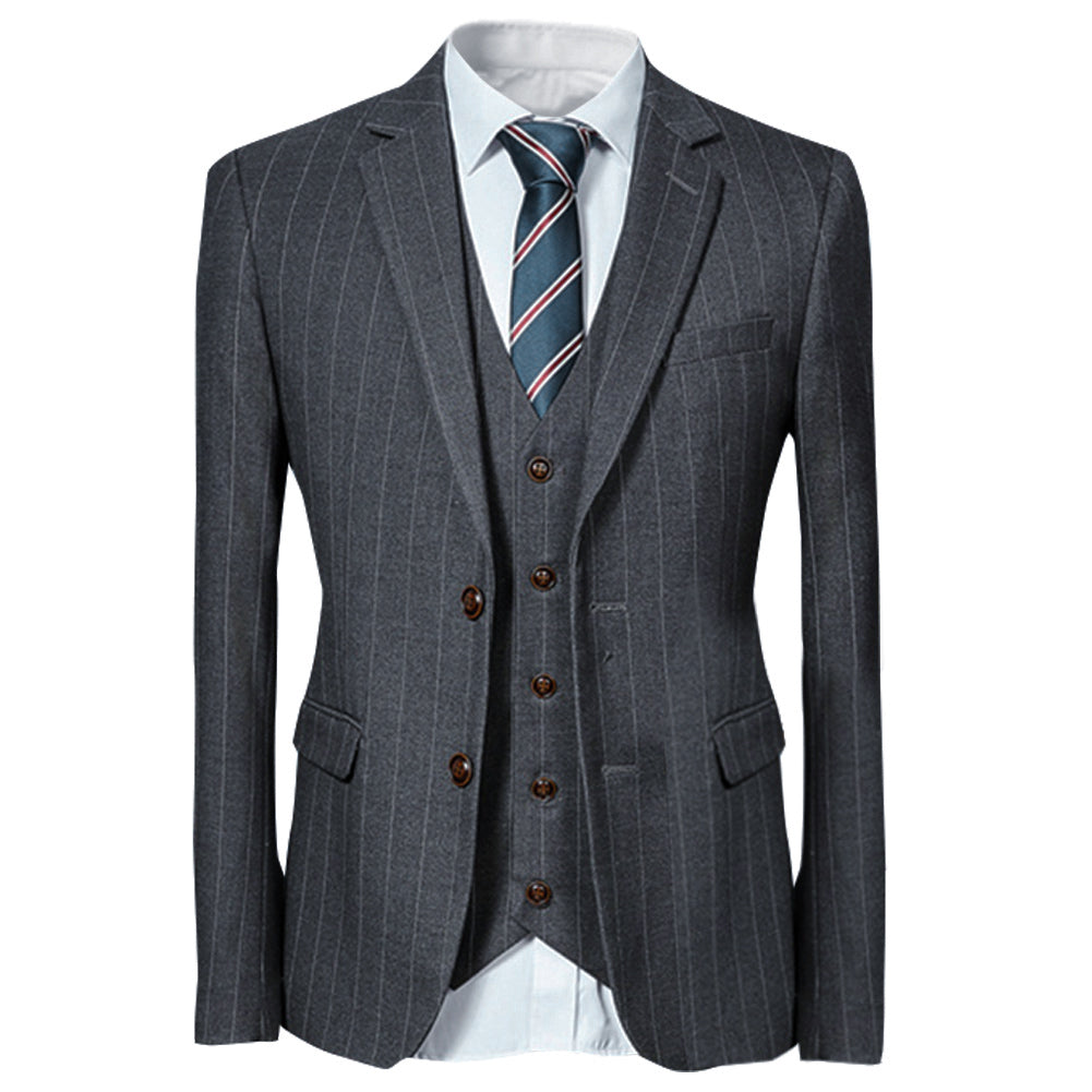 Titanium Silver # Men's slim fit 3-piece stripe suit with notched lapel and button closure, titanium silver striped formal blazer jacket with matching vest and flat-front trousers, breathable polyester viscose blend suit for business, office, wedding and daily wear, isolated on white background.