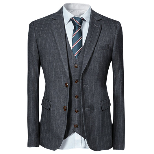Titanium Silver # Men's slim fit 3-piece stripe suit with notched lapel and button closure, titanium silver striped formal blazer jacket with matching vest and flat-front trousers, breathable polyester viscose blend suit for business, office, wedding and daily wear, isolated on white background.