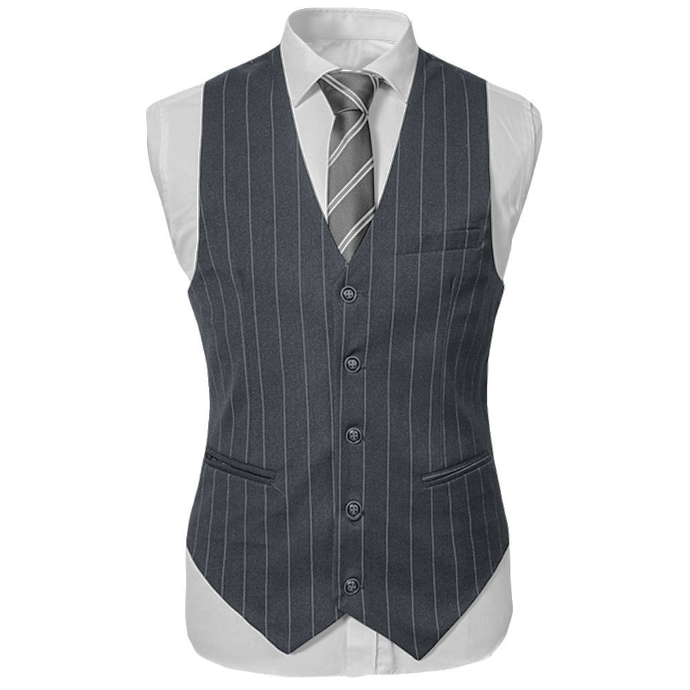 Titanium Silver # Men's slim fit 3-piece stripe suit with notched lapel and button closure, titanium silver striped formal blazer jacket with matching vest and flat-front trousers, breathable polyester viscose blend suit for business, office, wedding and daily wear, isolated on white background.
