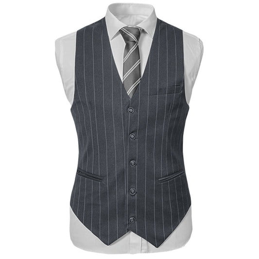 Titanium Silver # Men's slim fit 3-piece stripe suit with notched lapel and button closure, titanium silver striped formal blazer jacket with matching vest and flat-front trousers, breathable polyester viscose blend suit for business, office, wedding and daily wear, isolated on white background.