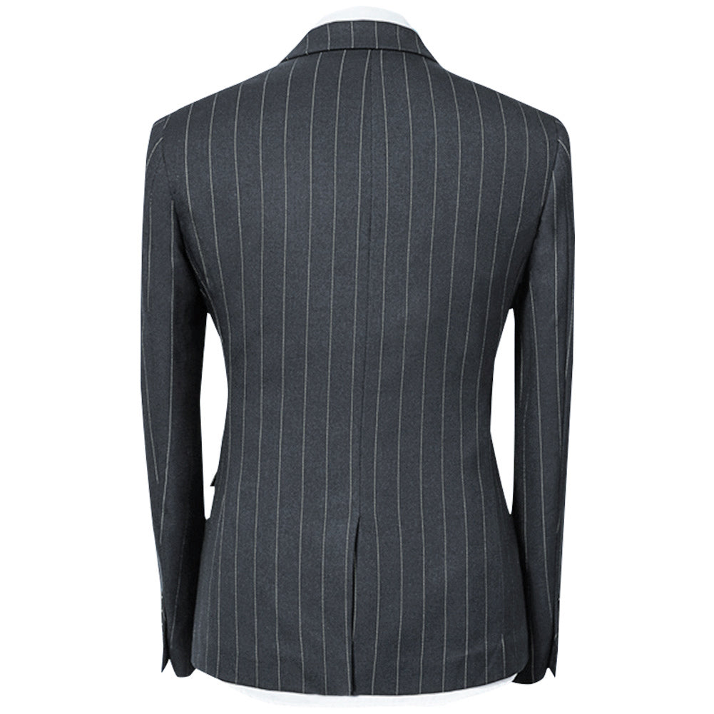 Titanium Silver # Men's slim fit 3-piece stripe suit with notched lapel and button closure, titanium silver striped formal blazer jacket with matching vest and flat-front trousers, breathable polyester viscose blend suit for business, office, wedding and daily wear, isolated on white background.