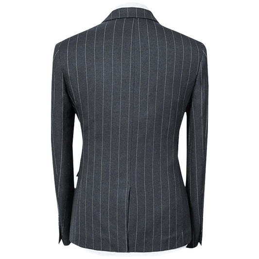 Titanium Silver # Men's slim fit 3-piece stripe suit with notched lapel and button closure, titanium silver striped formal blazer jacket with matching vest and flat-front trousers, breathable polyester viscose blend suit for business, office, wedding and daily wear, isolated on white background.