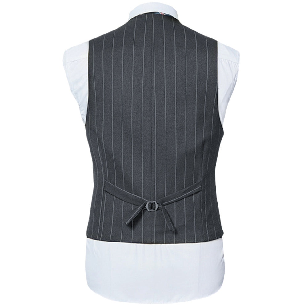 Titanium Silver # Men's slim fit 3-piece stripe suit with notched lapel and button closure, titanium silver striped formal blazer jacket with matching vest and flat-front trousers, breathable polyester viscose blend suit for business, office, wedding and daily wear, isolated on white background.