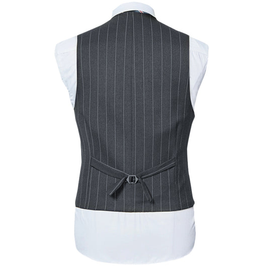 Titanium Silver # Men's slim fit 3-piece stripe suit with notched lapel and button closure, titanium silver striped formal blazer jacket with matching vest and flat-front trousers, breathable polyester viscose blend suit for business, office, wedding and daily wear, isolated on white background.