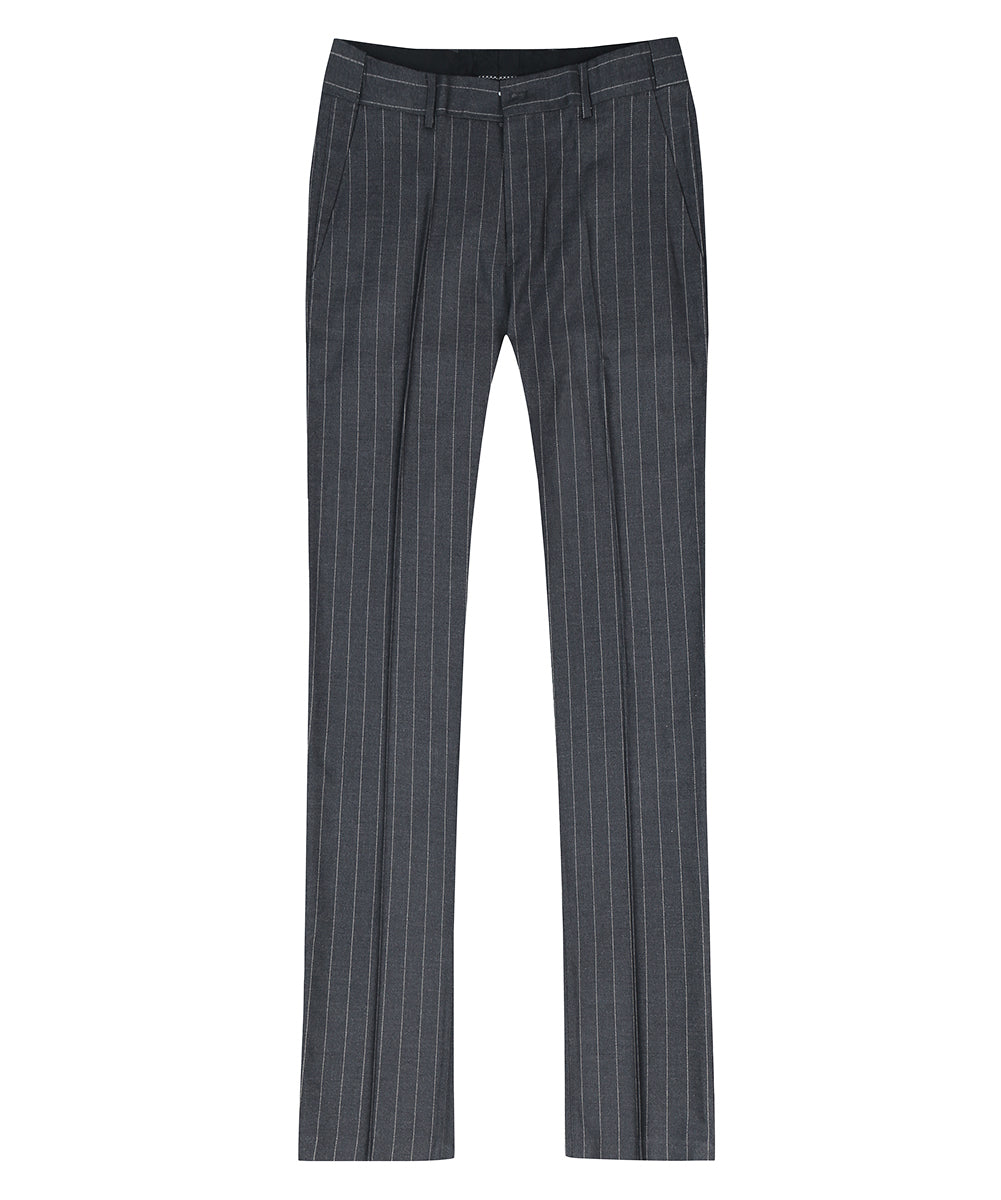 Titanium Silver # Men's slim fit 3-piece stripe suit with notched lapel and button closure, titanium silver striped formal blazer jacket with matching vest and flat-front trousers, breathable polyester viscose blend suit for business, office, wedding and daily wear, isolated on white background.