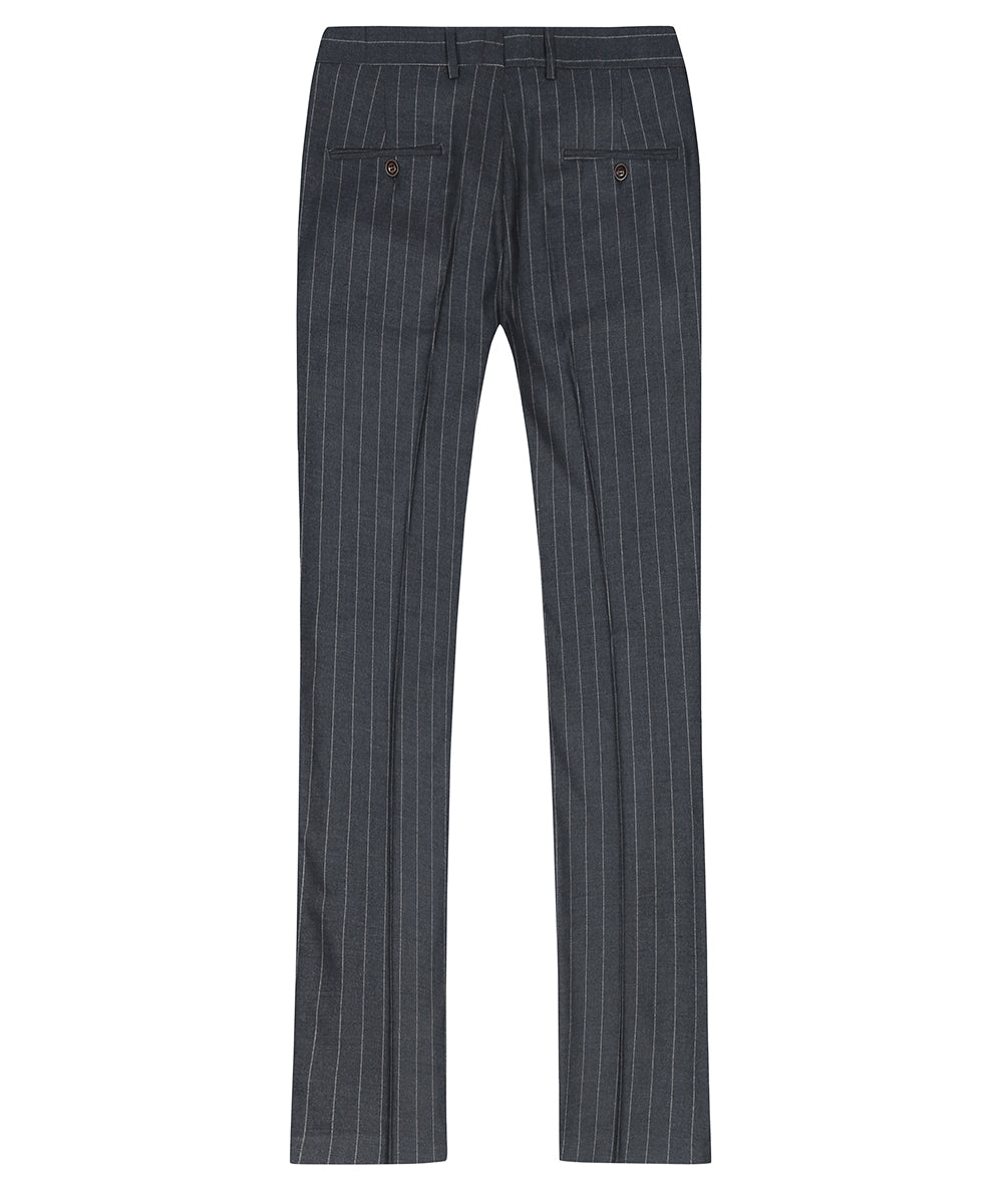 Titanium Silver # Men's slim fit 3-piece stripe suit with notched lapel and button closure, titanium silver striped formal blazer jacket with matching vest and flat-front trousers, breathable polyester viscose blend suit for business, office, wedding and daily wear, isolated on white background.