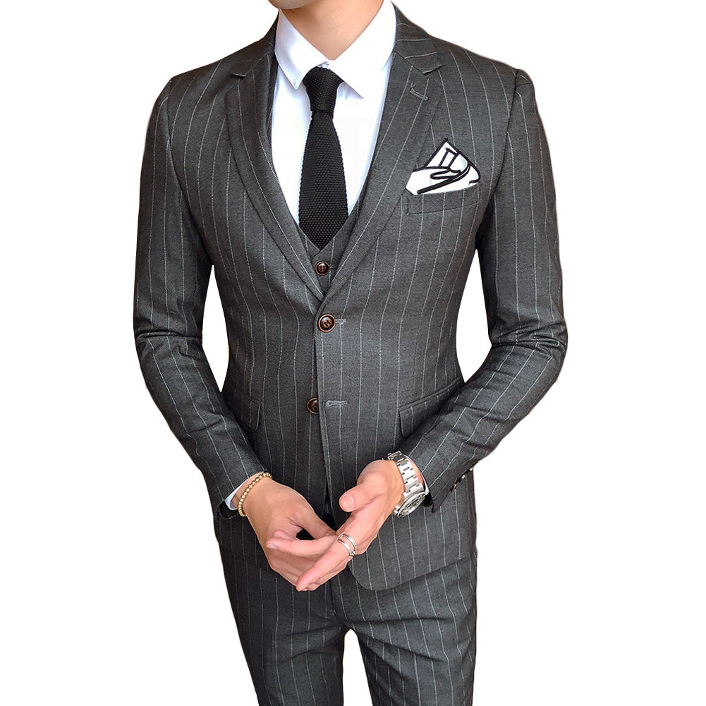 Titanium Silver # Men's slim fit 3-piece stripe suit with notched lapel and button closure, titanium silver striped formal blazer jacket with matching vest and flat-front trousers, breathable polyester viscose blend suit for business, office, wedding and daily wear, isolated on white background.