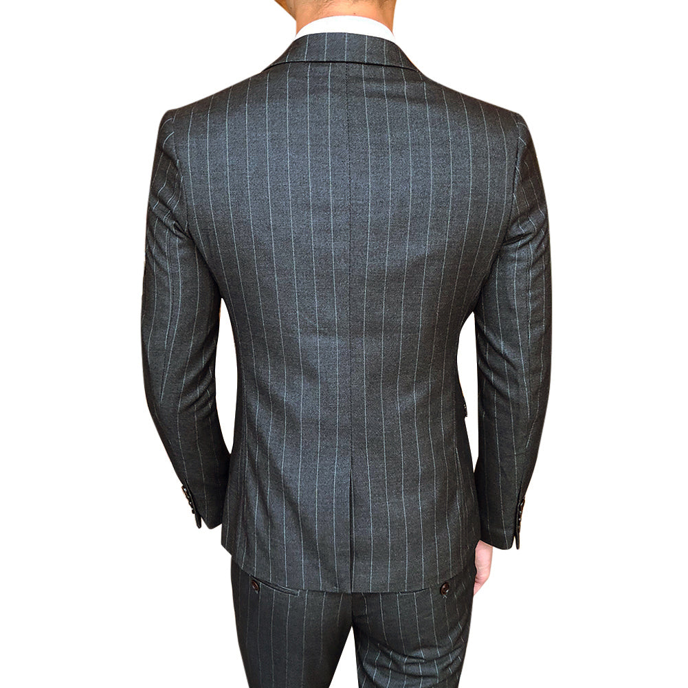 Titanium Silver # Men's slim fit 3-piece stripe suit with notched lapel and button closure, titanium silver striped formal blazer jacket with matching vest and flat-front trousers, breathable polyester viscose blend suit for business, office, wedding and daily wear, isolated on white background.
