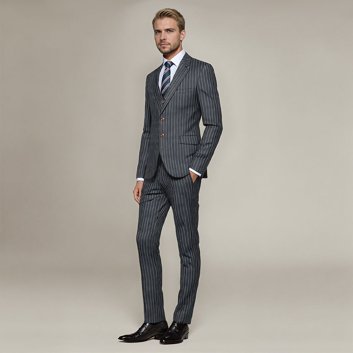 Titanium Silver # Men's slim fit 3-piece stripe suit with notched lapel and button closure, titanium silver striped formal blazer jacket with matching vest and flat-front trousers, breathable polyester viscose blend suit for business, office, wedding and daily wear, isolated on white background.