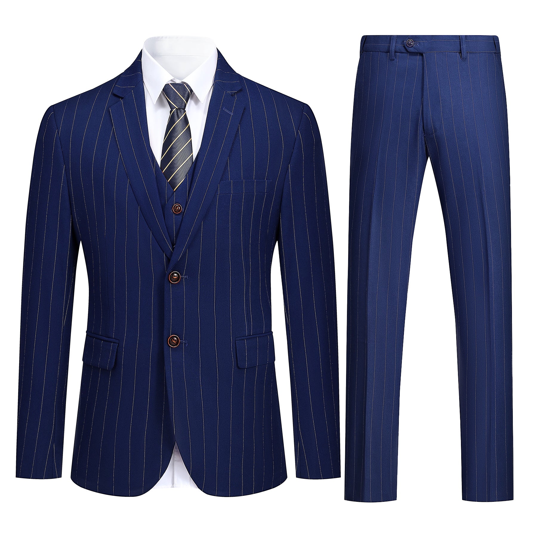 Navy # Men's slim fit 3-piece stripe design suit with notched lapel and button closure, navy blue striped formal blazer jacket with matching vest and flat-front trousers, breathable viscose polyester spandex blend suit for business, office, wedding and daily wear, isolated on white background.