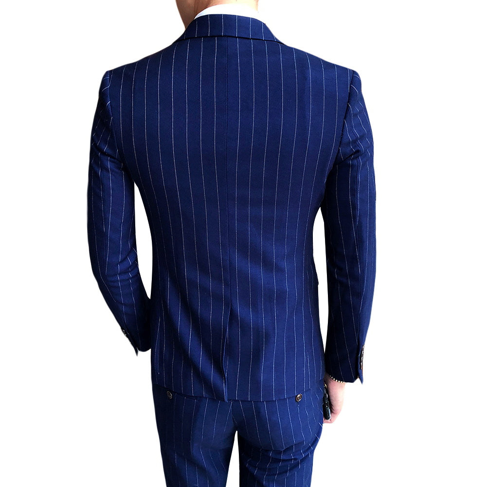 Navy # Men's slim fit 3-piece stripe design suit with notched lapel and button closure, navy blue striped formal blazer jacket with matching vest and flat-front trousers, breathable viscose polyester spandex blend suit for business, office, wedding and daily wear, isolated on white background.