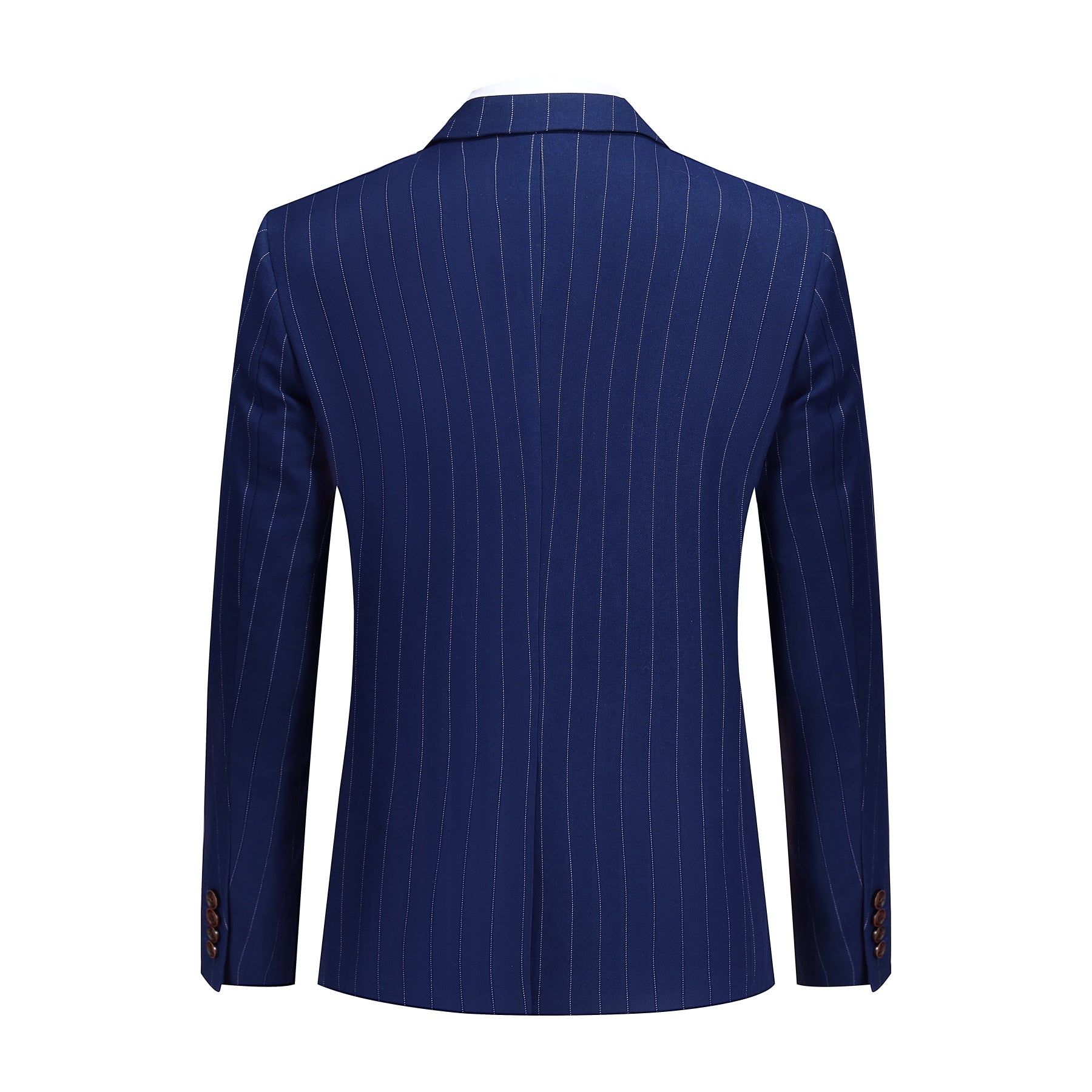 Navy # Men's slim fit 3-piece stripe design suit with notched lapel and button closure, navy blue striped formal blazer jacket with matching vest and flat-front trousers, breathable viscose polyester spandex blend suit for business, office, wedding and daily wear, isolated on white background.