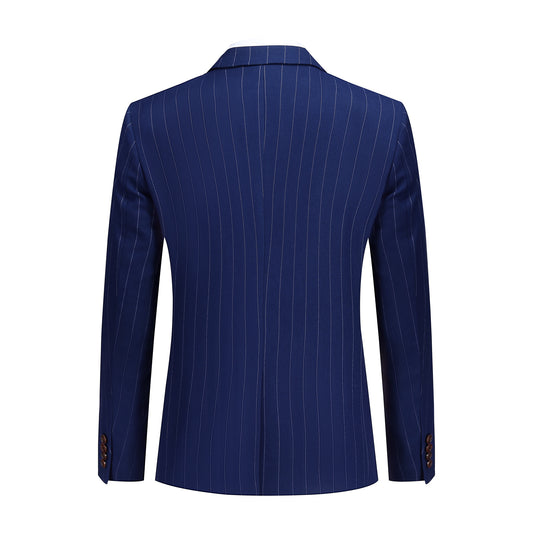 Navy # Men's slim fit 3-piece stripe design suit with notched lapel and button closure, navy blue striped formal blazer jacket with matching vest and flat-front trousers, breathable viscose polyester spandex blend suit for business, office, wedding and daily wear, isolated on white background.