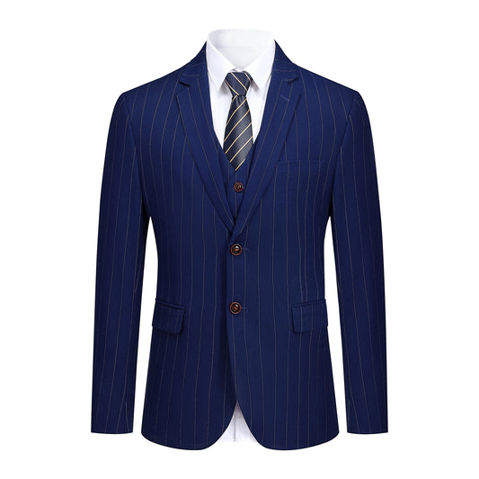 Navy # Men's slim fit 3-piece stripe design suit with notched lapel and button closure, navy blue striped formal blazer jacket with matching vest and flat-front trousers, breathable viscose polyester spandex blend suit for business, office, wedding and daily wear, isolated on white background.