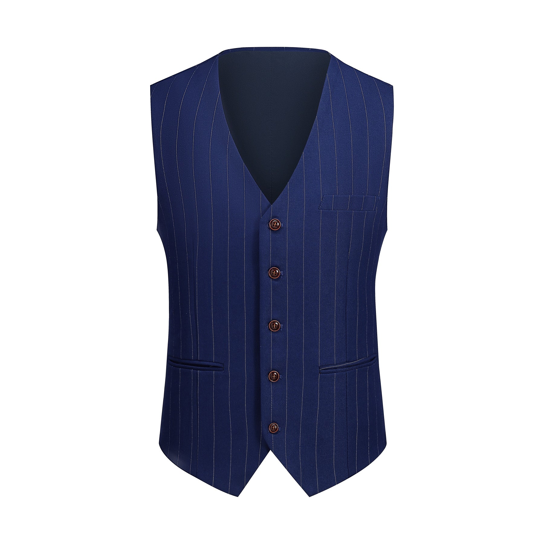 Navy # Men's slim fit 3-piece stripe design suit with notched lapel and button closure, navy blue striped formal blazer jacket with matching vest and flat-front trousers, breathable viscose polyester spandex blend suit for business, office, wedding and daily wear, isolated on white background.