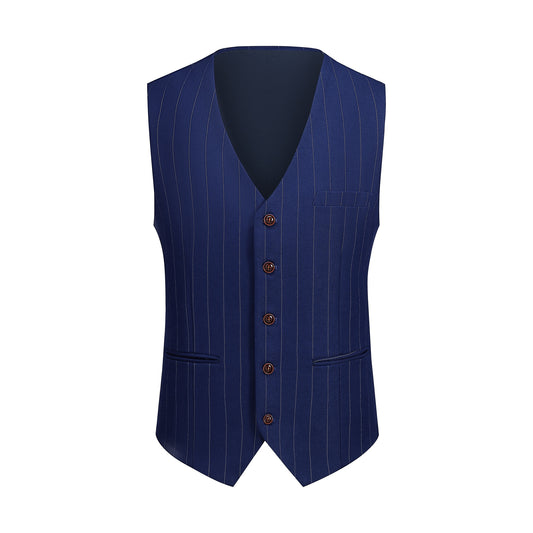 Navy # Men's slim fit 3-piece stripe design suit with notched lapel and button closure, navy blue striped formal blazer jacket with matching vest and flat-front trousers, breathable viscose polyester spandex blend suit for business, office, wedding and daily wear, isolated on white background.