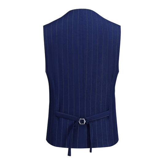 Navy # Men's slim fit 3-piece stripe design suit with notched lapel and button closure, navy blue striped formal blazer jacket with matching vest and flat-front trousers, breathable viscose polyester spandex blend suit for business, office, wedding and daily wear, isolated on white background.