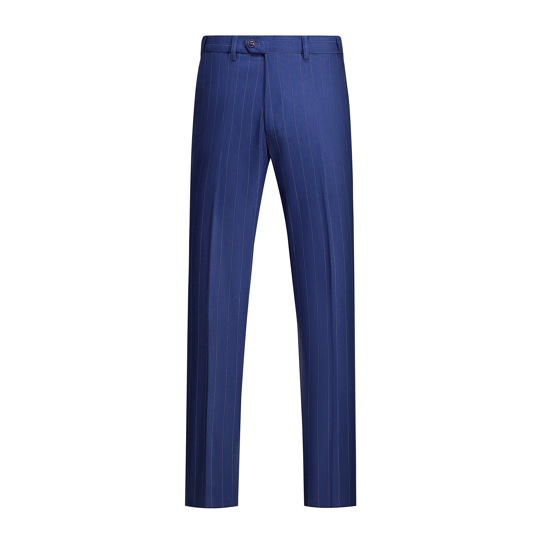 Navy # Men's slim fit 3-piece stripe design suit with notched lapel and button closure, navy blue striped formal blazer jacket with matching vest and flat-front trousers, breathable viscose polyester spandex blend suit for business, office, wedding and daily wear, isolated on white background.
