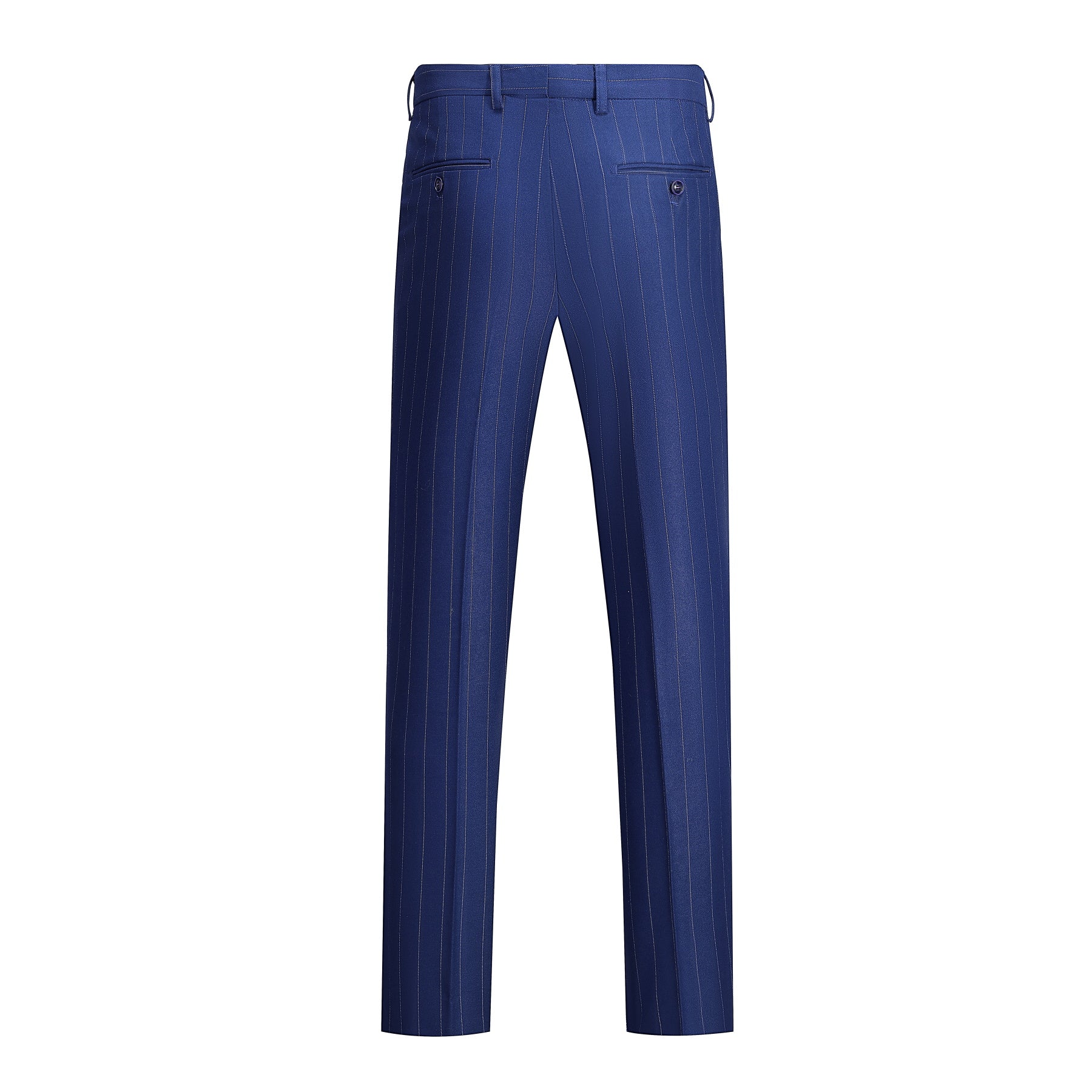 Navy # Men's slim fit 3-piece stripe design suit with notched lapel and button closure, navy blue striped formal blazer jacket with matching vest and flat-front trousers, breathable viscose polyester spandex blend suit for business, office, wedding and daily wear, isolated on white background.