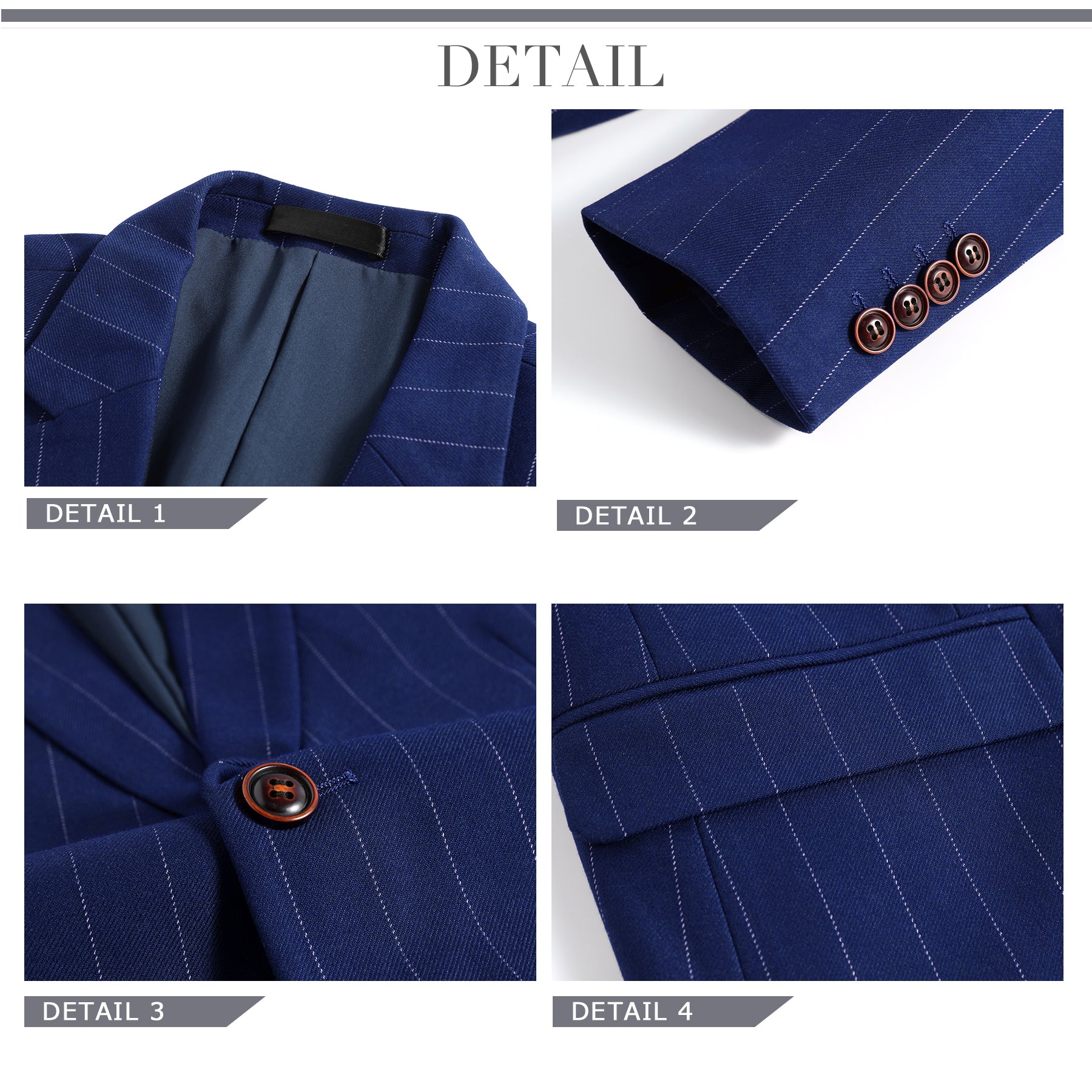 Navy # Men's slim fit 3-piece stripe design suit with notched lapel and button closure, navy blue striped formal blazer jacket with matching vest and flat-front trousers, breathable viscose polyester spandex blend suit for business, office, wedding and daily wear, isolated on white background.