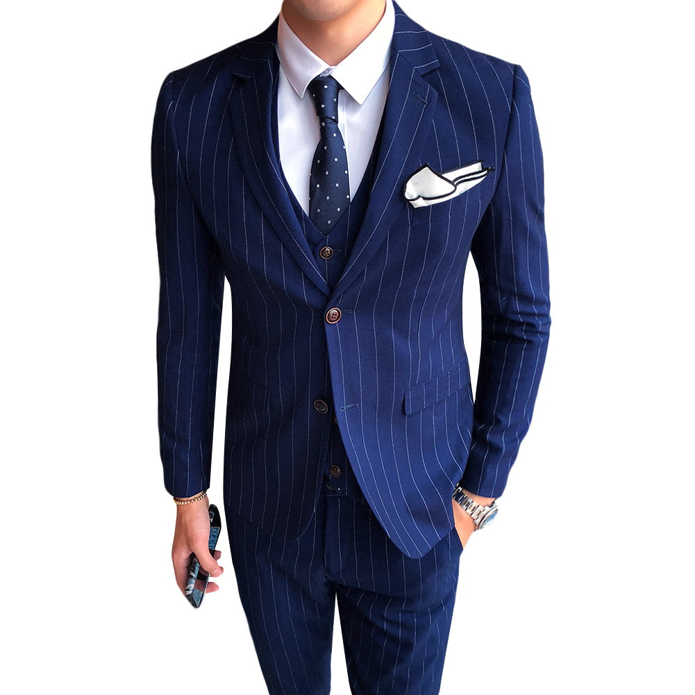Navy # Men's slim fit 3-piece stripe design suit with notched lapel and button closure, navy blue striped formal blazer jacket with matching vest and flat-front trousers, breathable viscose polyester spandex blend suit for business, office, wedding and daily wear, isolated on white background.
